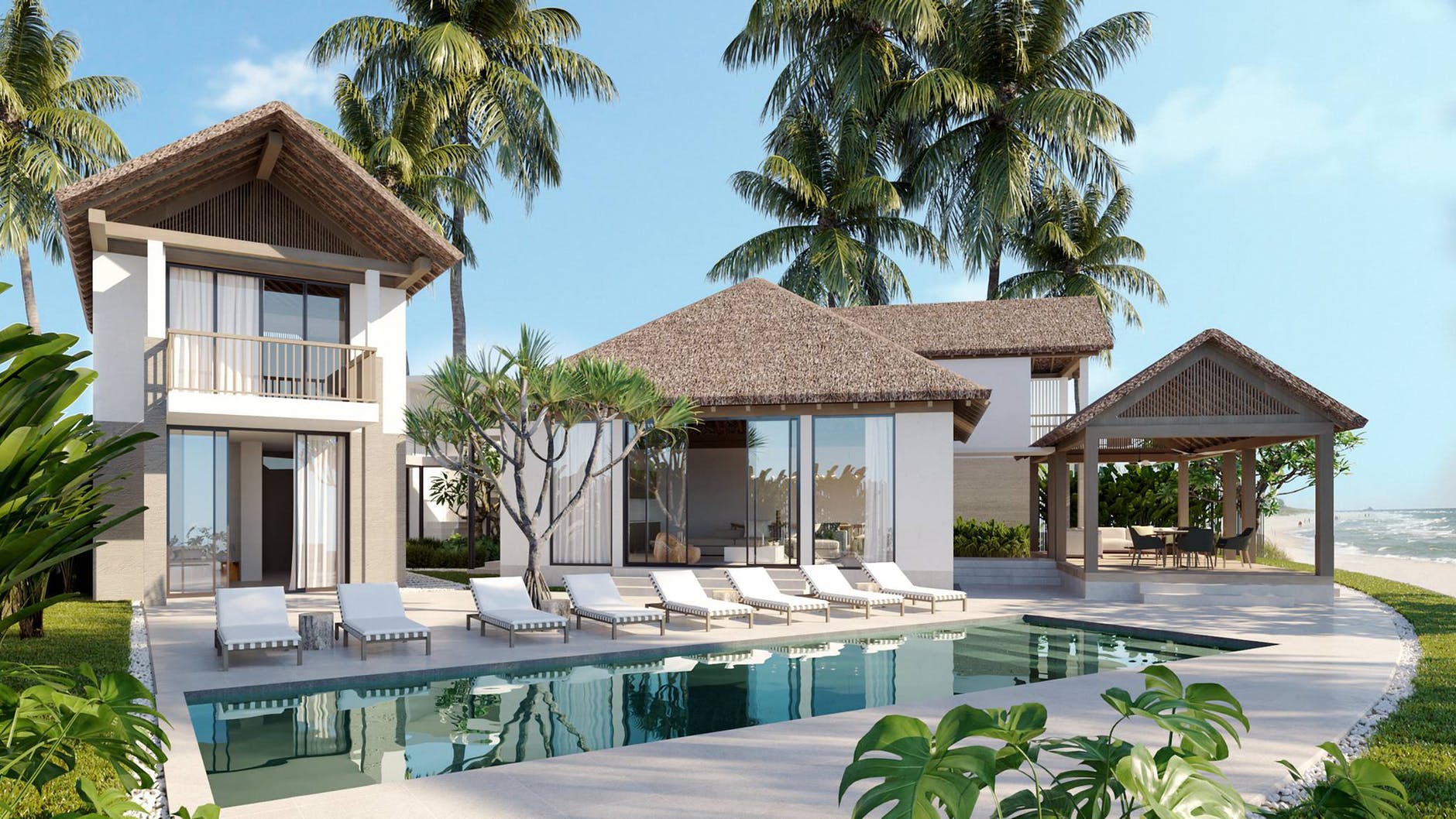 white pool loungers near tree